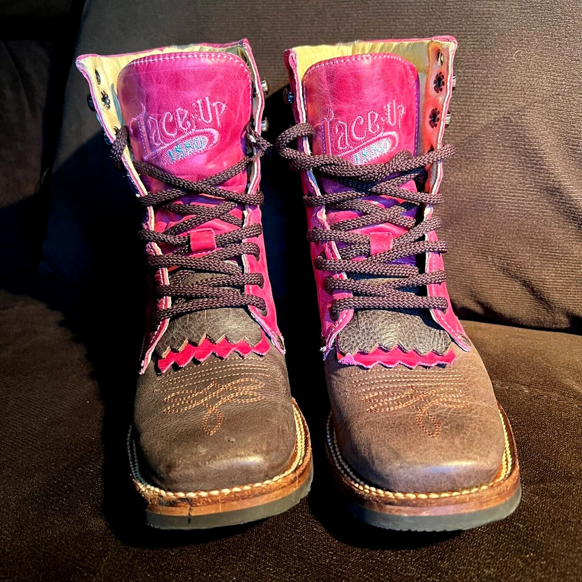 Tombstone Leather Cowgirl Rodeo Boots Arena Queen Size 6 Brown and Pink Lace Up