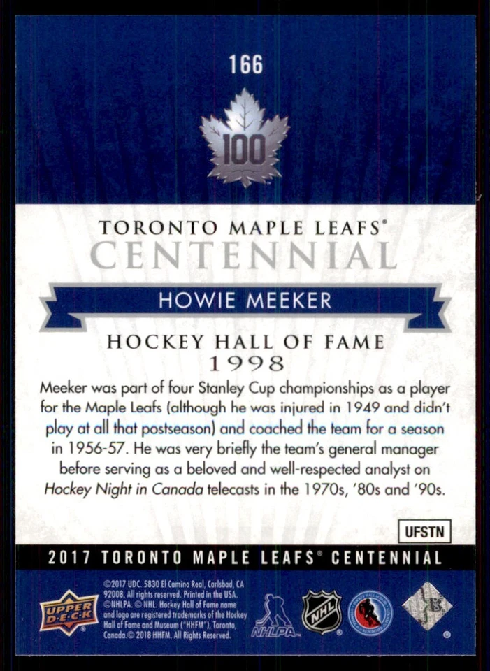 2017-18 UPPER DECK TORONTO MAPLE LEAFS CENTENNIAL HALL OF FAME HOWIE MEEKER #166 - Image 2 of 2