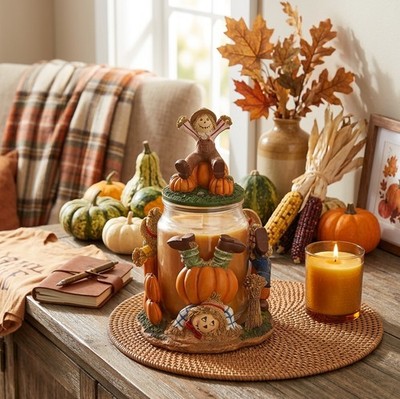 Yankee Candle Scarecrow Candle Holder & Topper W/ Pumpkins & Apples Retired HTF