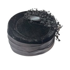 Black Velvet Pillbox Hat with Lace Trim and Button Detail Women's Accessory