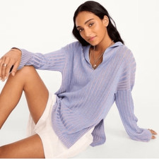 J. Crew Sweater Relaxed Cotton Linen Collar Ribbed Casual Preppy Purple S/M
