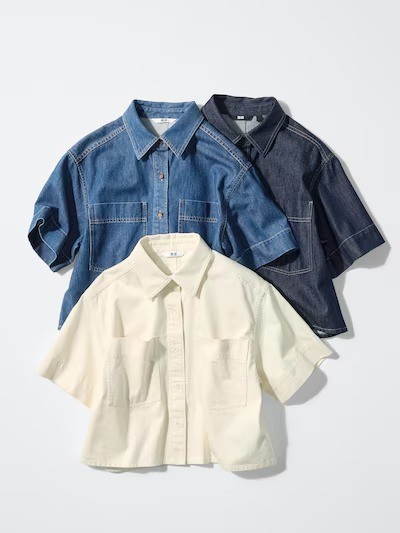 UNIQLO Denim Boxy Shirt S-3XL Short Half-Sleeve 100% Cotton Women