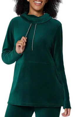 Denim & Co. Women's Velour Cowl Neck Pullover Top Evergreen