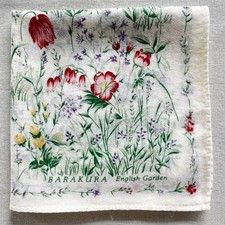 VTG Handkerchief White Cotton English Garden Flower Red Purple Pattern Hanky 19"