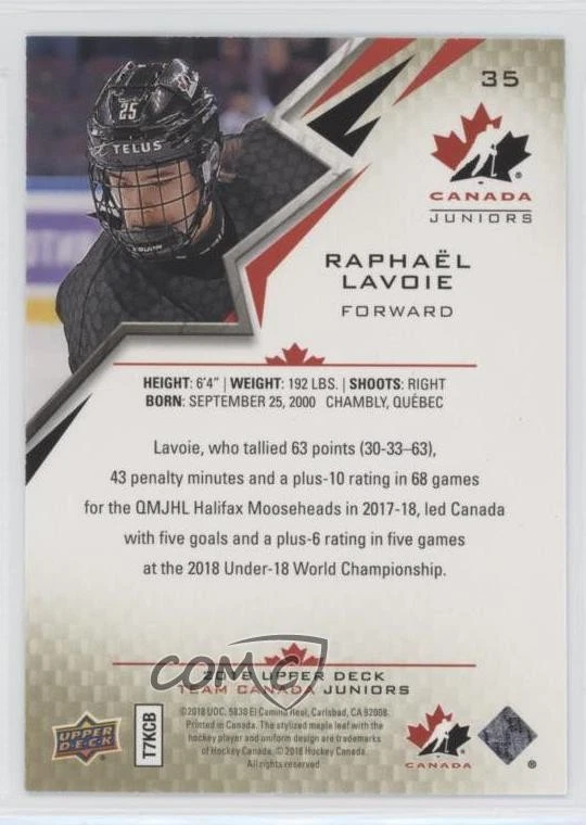 2018 Upper Deck Team Canada Juniors High Gloss /25 Raphael Lavoie #35 - Image 2 of 2