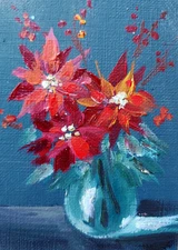 ACEO ORIGINAL oil painting  - Christmas Poinsettia  - 2.5x3.5 in artist MK