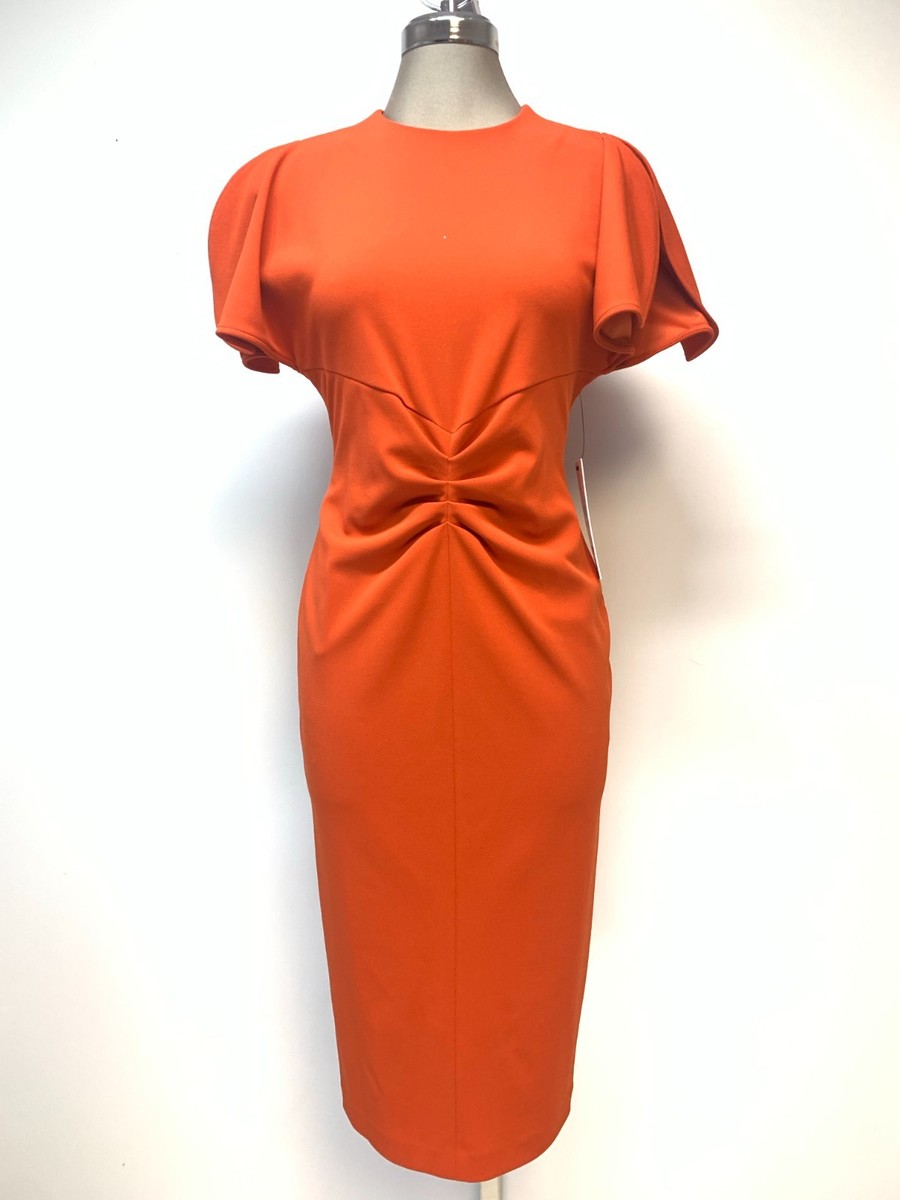 New! Calvin Klein Elegant Split Sleeve Sexy Crepe Clay Midi Sheath Dress size 8