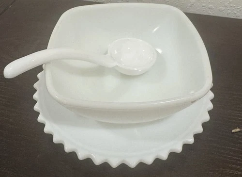 Vintage Pyrex Milk Glass Bowl White Decorative Plate Small Spoon 3 Pieces