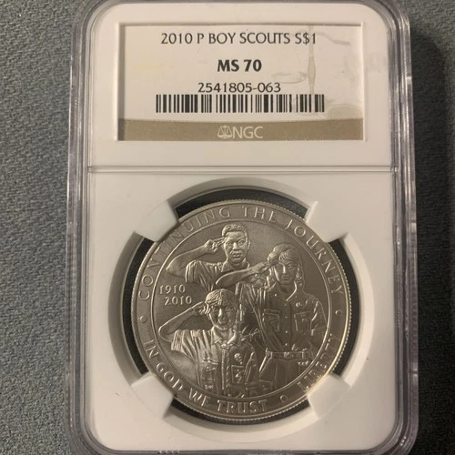 2010 P NGC MS70 BOY SCOUTS $1 SILVER COMMEMORATIVE BROWN LABEL