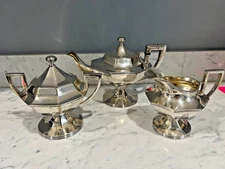 Antique Barbour Bros Quadruple Plate 3 Piece Tea Set Modern Design Monogram xlnt
