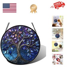 Stained Glass Window Hanging, Blue Purple Tree of Life s Colorful Glass Panel...