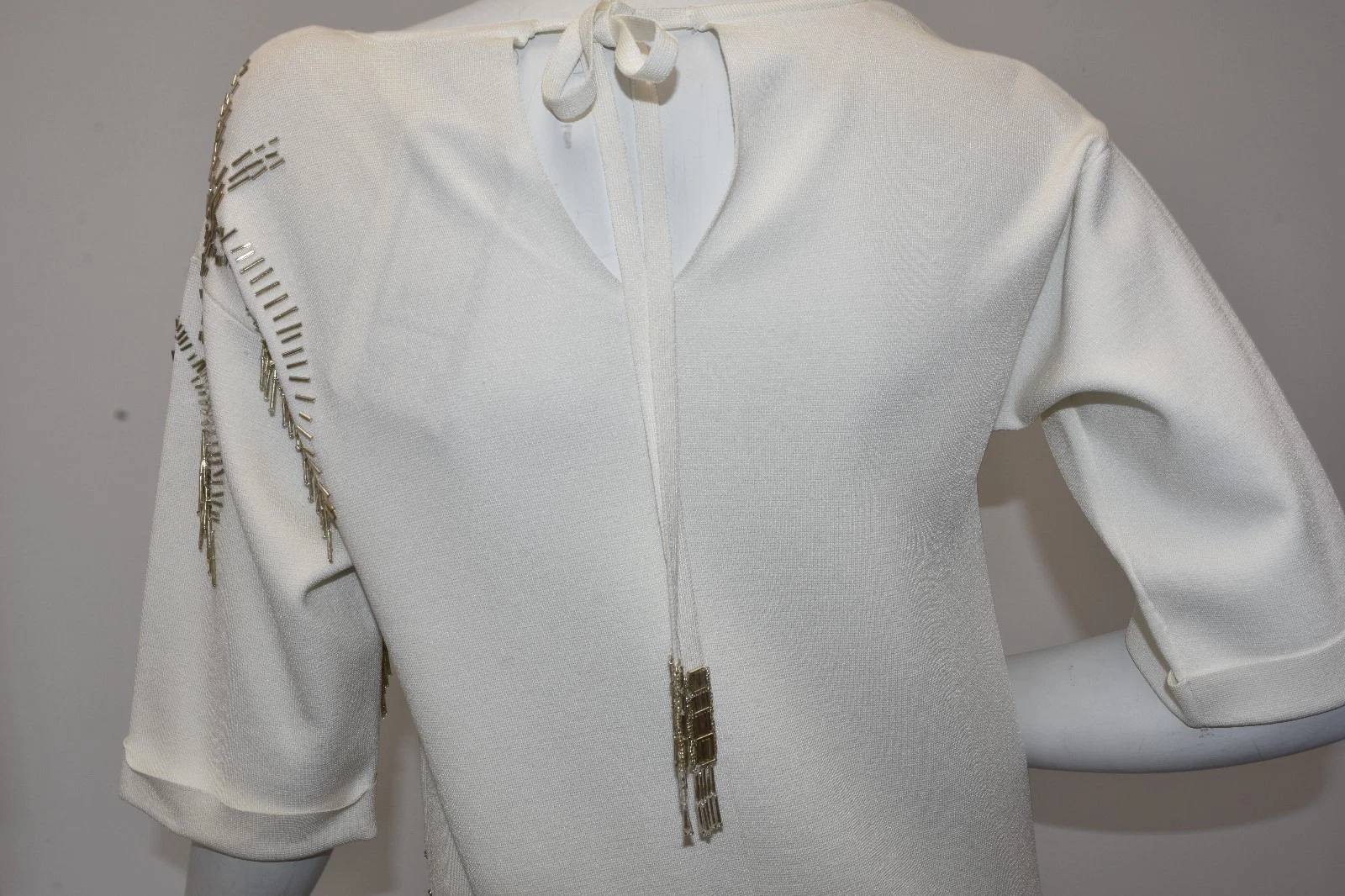 OFF WHITE Abito $2095 NUOVO ESCADA DINAR Maxi Off Bianco Viscosa ORO Perline S