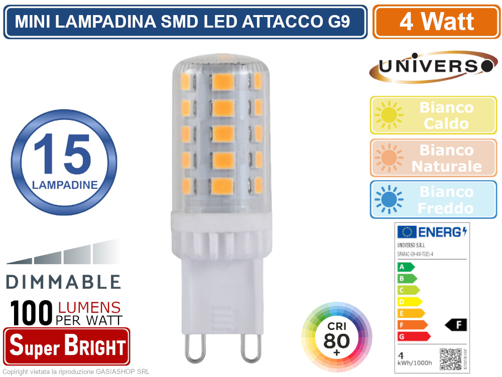 UNIVERSO 15 LAMPADINE LED G9 DIMMERABILE SPOTLIGHT 4W TUBOLARE SMD CHIP 400LUMEN