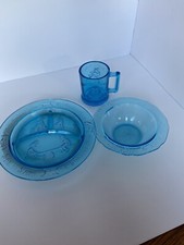 Vintage Nursery Rhyme Children  s 3pc. Dish Set In Teal Blue  S-1  Up 