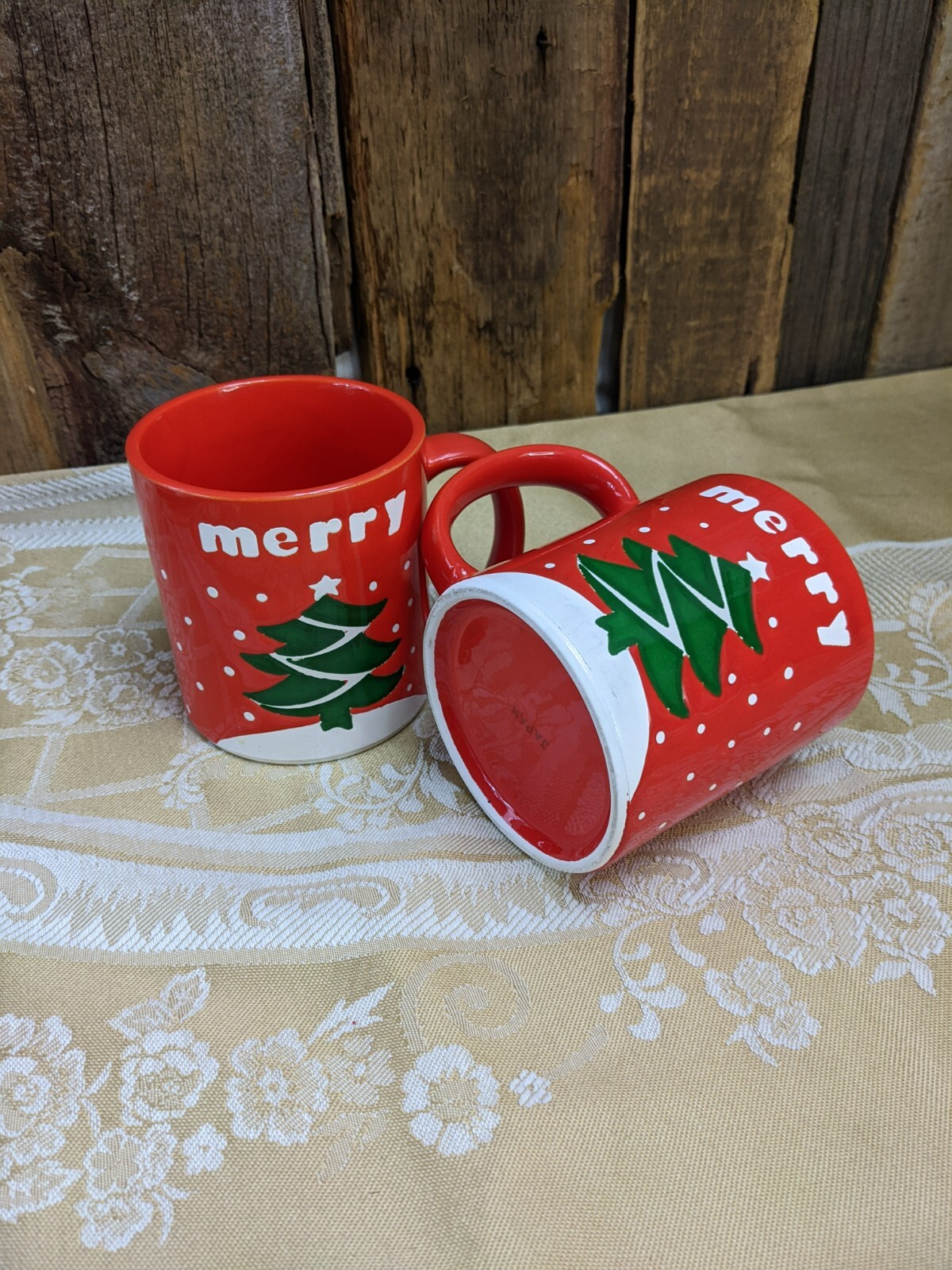 TWO Vintage made in Japan Merry Christmas Tree Coffee Mugs cups Vintage