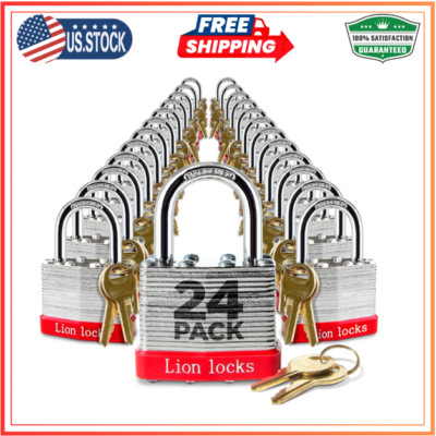 24 Keyed-Alike Padlocks W/ 1.25  Shackle, 48 Keys, Hardened Steel Case, Brass