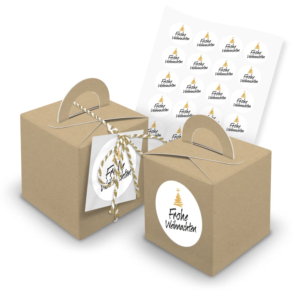itenga Set 24x Geschenkschachtel Braun Garn Motiv Sticker Frohe Weihnachten