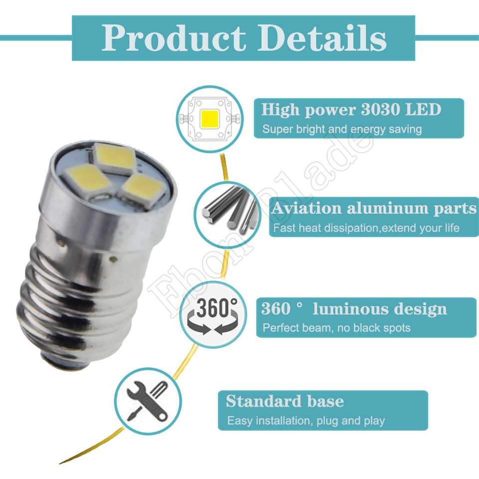 E10 3V 4300K Warm White LED Light Bulb Torch Headlight Work Light