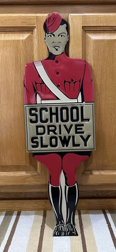 School Drive Slowly Metal Sign Traffic Cop Uniform Gas Vintage Style Wall Decor