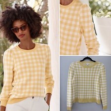 Garnet Hill 100% Pima Cotton Sunny Yellow Preppy Classic Gingham Plaid Sweater S