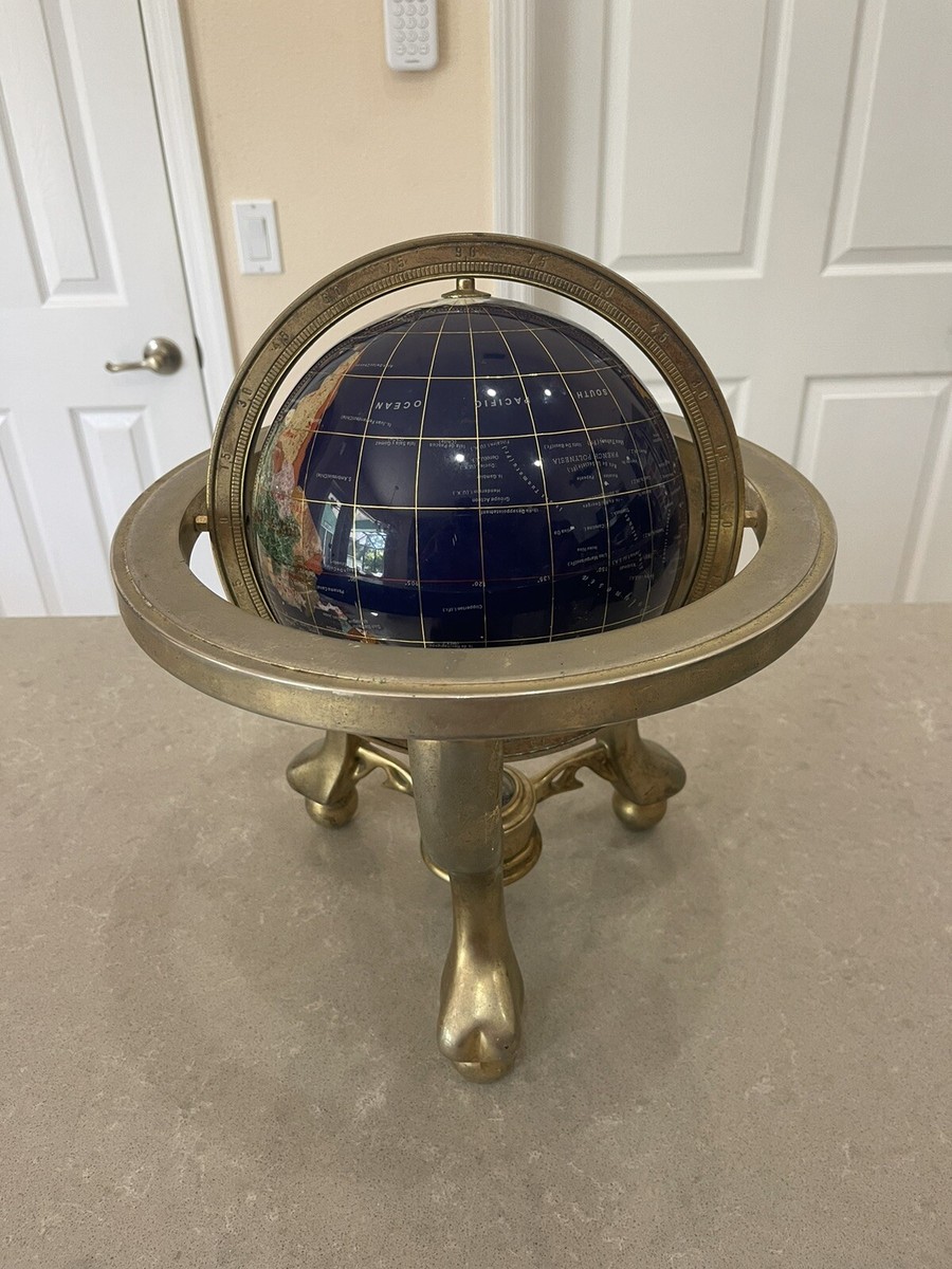 World Globe Semi-Precious Inlaid Stone Blue Lapis Cobalt Brass