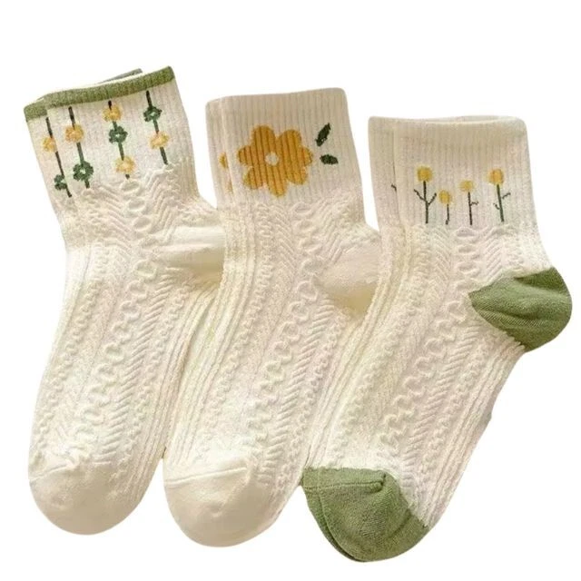 5 pares de calcetines florales estilo retro para mujer blancos y verdes amarillos con estampado de flores Foto 3 de 3