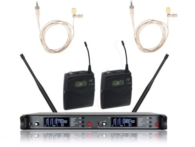 UHF Dual Channel Wireless Cordless Microphone System 2 Clip-On Lavalier Mic Nude