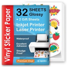 Premium Printable Vinyl Sticker Paper for Inkjet Laser Printer - 32 Sheets ...