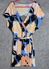 Nine West Dress Womens Size 2X Stretch Abstract Floral Belted Short Sleeve VNeck
