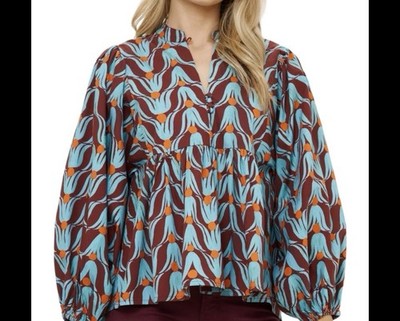 Oliphant Blue Orange Tulip Mandarin Balloon Sleeve Top Blouse Sz S Boho Peasant