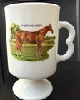 Vintage Thoroughbred Horse Milk Glass Mug GA Patton Anchor Hocking Pedestal Foot