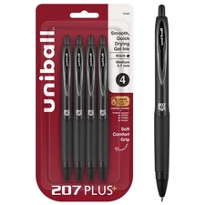 uniball 207 Plus+ Retractable Gel Pens, Medium Point, 0.7mm, Black Ink, 4/Pac...