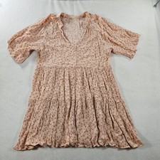 Boho Tiered Babydoll Dress Pink Floral Crinkle Rayon Puff Sleeve M L