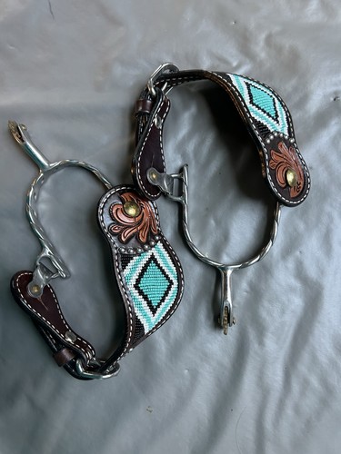Western Stainless Steel Spurs with Beaded Leather Spur Straps Turquoise Tooled