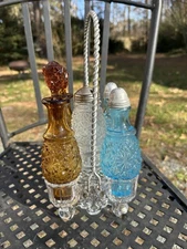 Antique EAPG Daisy & Button Condiment Caddy - Blue & Amber Glass Cruet Set