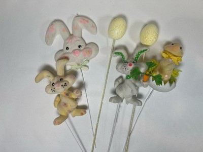 VNG Easter Bunnies and Egg Stick Decorations Set of 6 Spring Decor Whimsical
