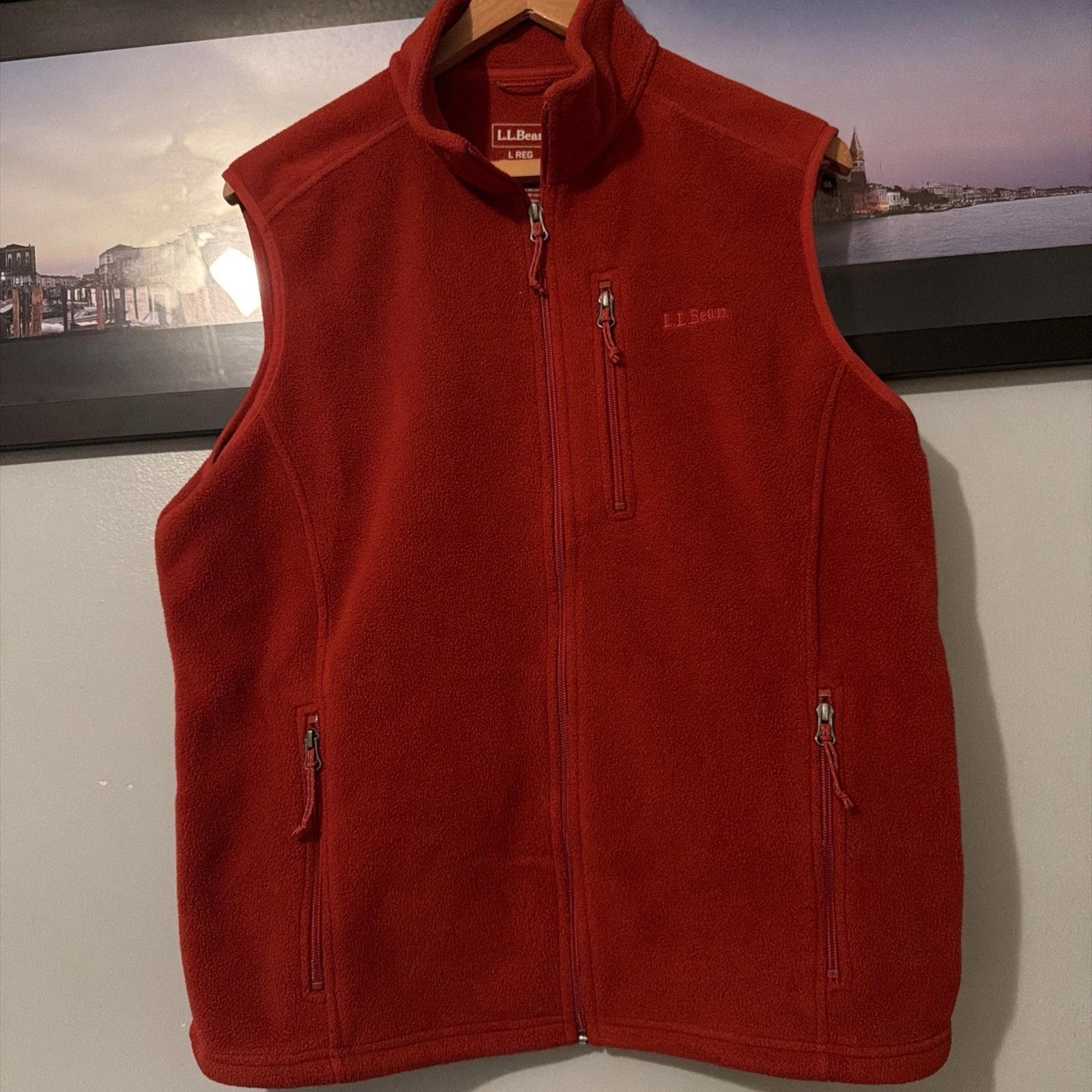 LL Bean Fleece Vest Men's Size L Orange Full Zip Fleece Vest