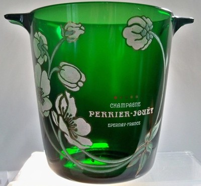 Perrier-Jouet Champagne Green Glass Ice Bucket w/Enameled Flowers 1980's VIntage