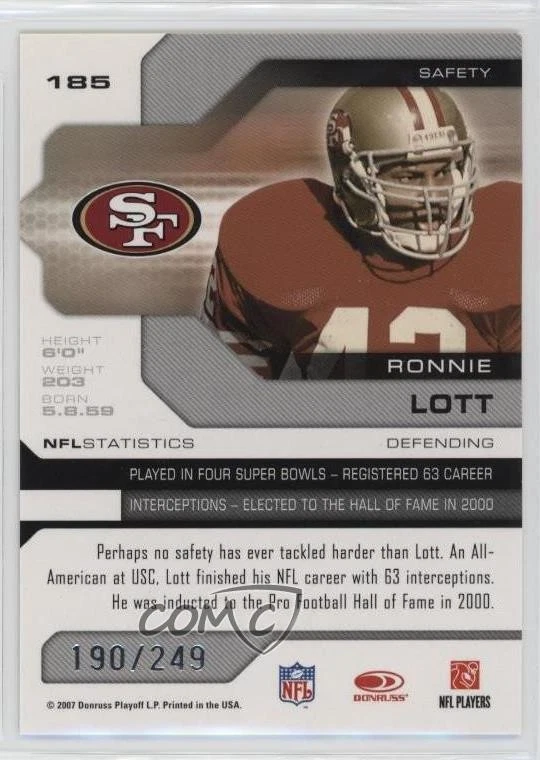 2007 Leaf Limited /249 Ronnie Lott #185 HOF - Image 2 of 2