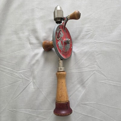 Vintage Millers Falls Hand Crank Drill Red Gear Wood Handle Manual Tool USA
