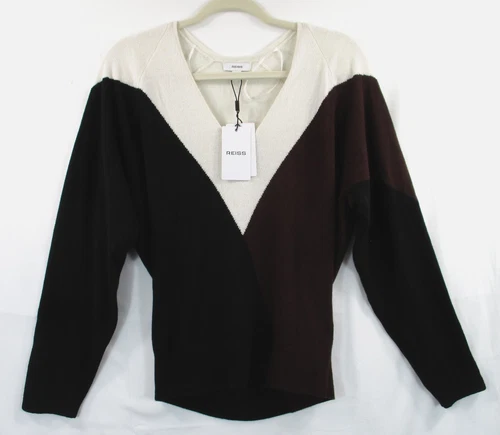 -NWT Reiss Wool-Blend Colourblock Knit Jumper with Cashmere Black/Burgundy Sz S