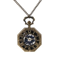 Mens Hallow Octagon Shape Analog Quartz Pocket Watch Chain for Christmas Gift