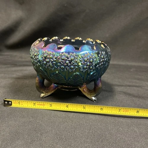 Vintage Fenton Carnival Glass Footed Rose Bowl Flowers & Orange Tree Design 4"