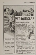 1918 Print Ad W.L. Douglas Shoes Farmer & Boy Plowing with Horse Brockton,MA