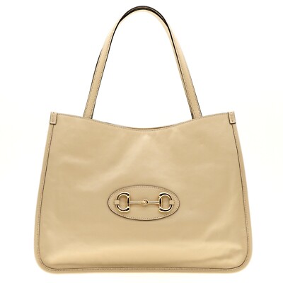 Gucci 1955 Horsebit Tote Shoulder Bag Beige Leather New