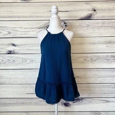 Anthropologie Cloth & Stone Navy Blue Raw Fringe Hem Halter Top