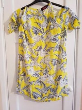 MOTEL ROCKS LADIES SMALL YELLOW BLUE COLD SHOULDER SHIFT DRESS