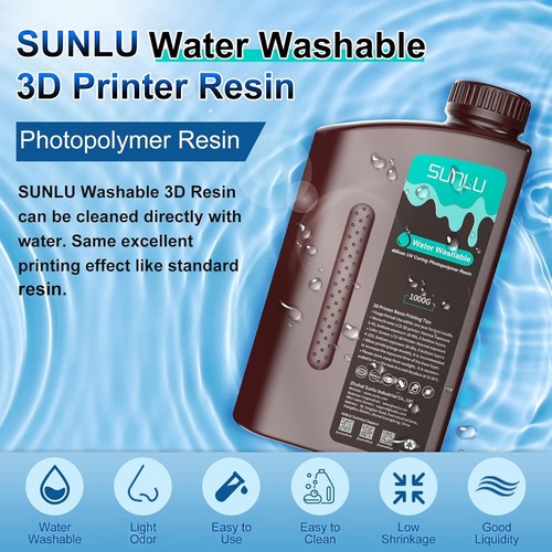 SUNLU Wasser Abwaschbar 3D Drucker Resin 405nm UV 2kg Schwarz - Afbeelding 2 van 8