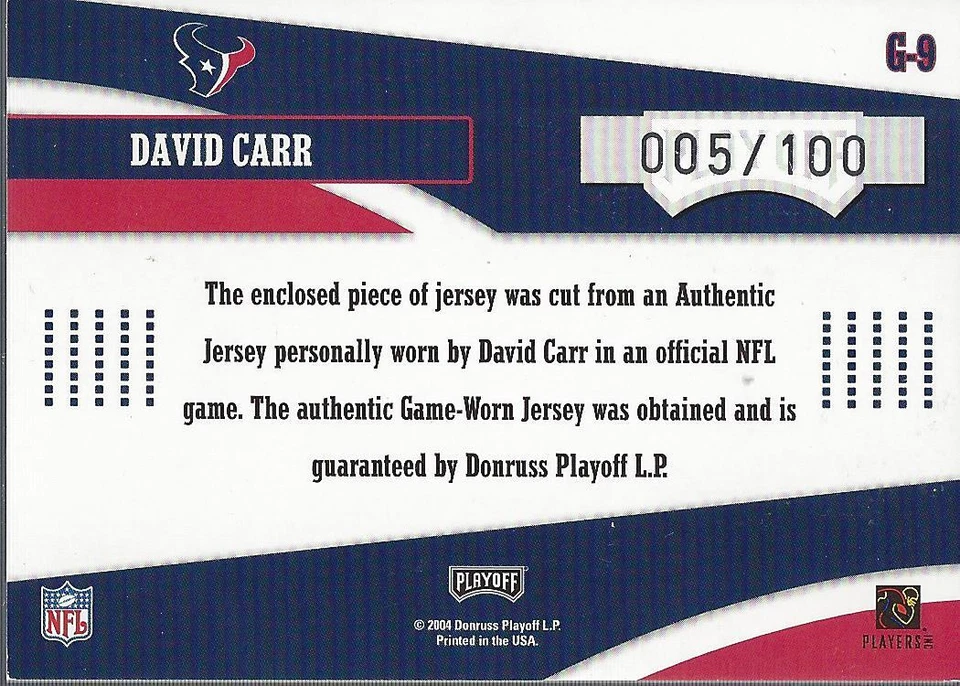 2004 Playoff Prestige Gamers Jerseys #G9 David Carr Jersey /100 - NM-MT - Image 2 of 2