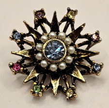 Beautiful Star Snowflake Gold Tone Brooch With Rhinestones Faux Pearls